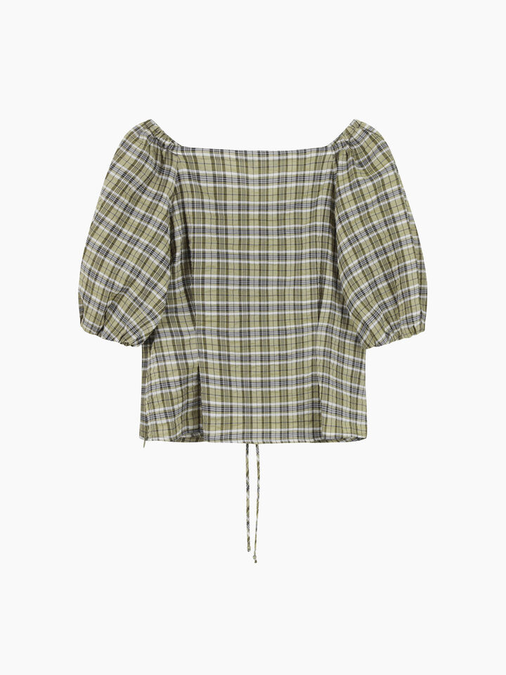 Khaki check blouse with rouching - null - Military Green | Sisley K image number 2